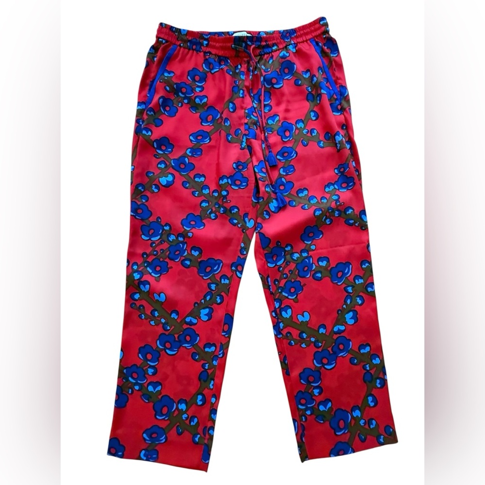J Crew Collection Red Lattice Silky Drapey Floral Drawstring Pull-on Pant